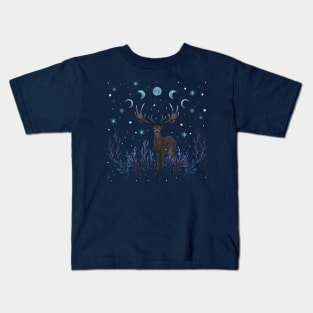 Deer in Winter Night Forest Kids T-Shirt